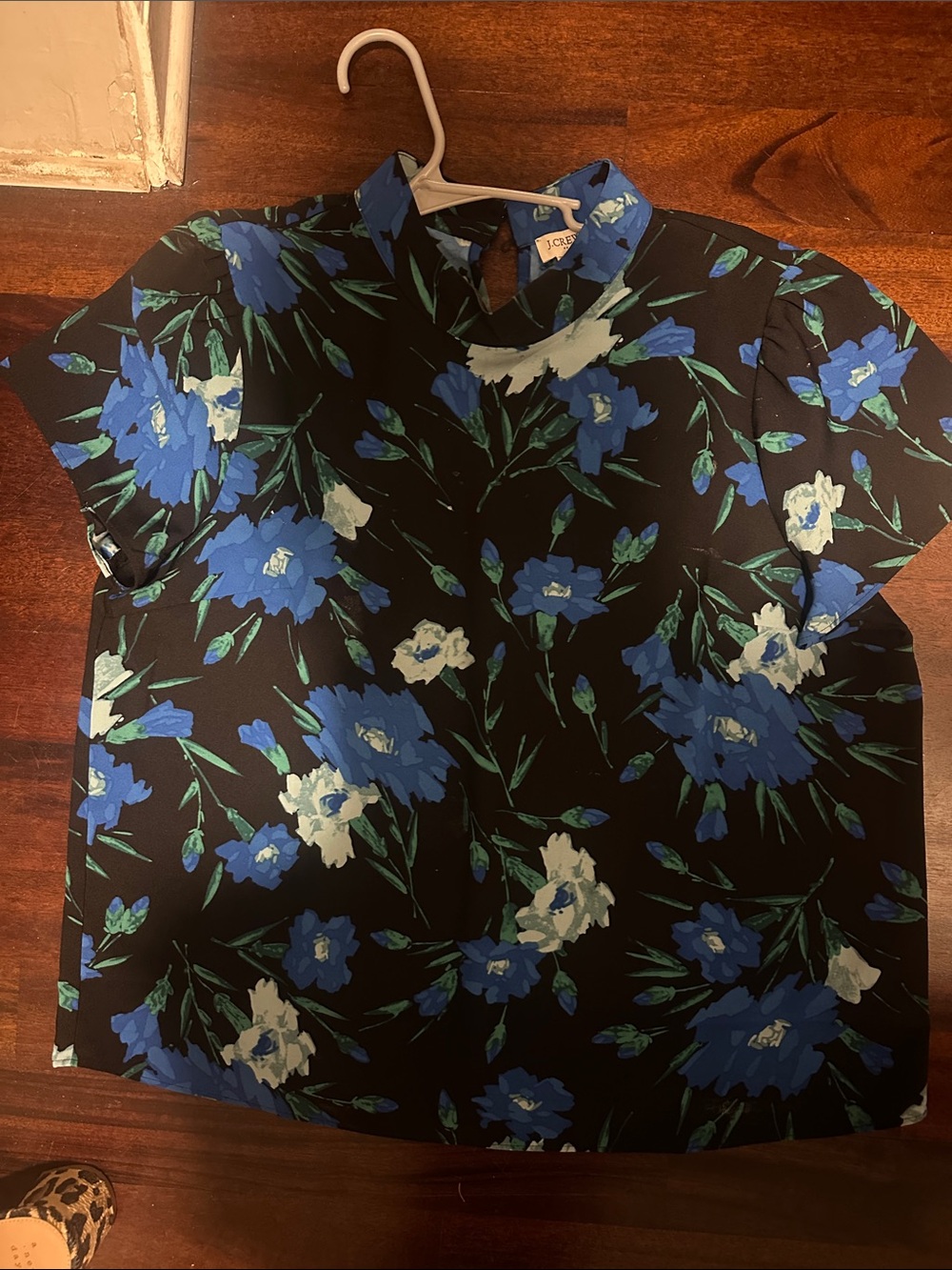 J. Crew Black Floral Short-Sleeve Blouse with Blue & White Flowers